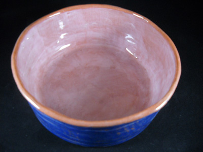 Hand-made ceramic dog bowl made using plaster mold, in earthenware clay, with underglazes and clear glaze. (Sample)