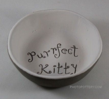 Sample pottery cat bowl made on plaster drape mold with white stoneware clay. Inside has underglazes. This sample is in the greenware clay state.