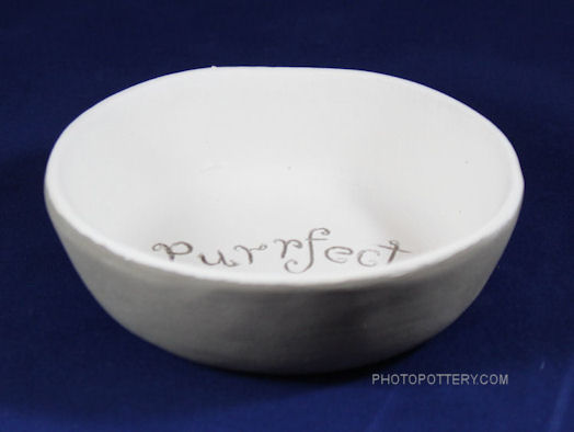 Sample cat bowl made on plaster hump mold. To help prevent bowl moving on floor, a thicker clay slab was used. Stoneware, greenware.