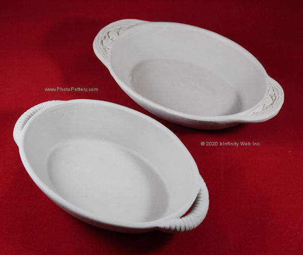 Sample hand-made pottery ramekins made on small oval drape mold with rolled out porcelain clay slabs. Clay in greenware state.