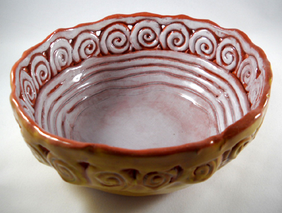 Sample coil and slab earthenware pottery bowl using medium round plaster hump mold.